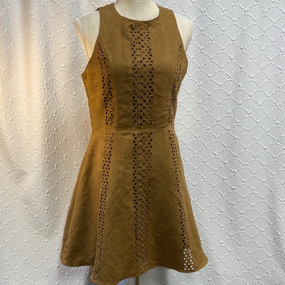 Mossino size small Chic‎ Tan faux suede Sleeveless Dress with Geometric Cut-Outs